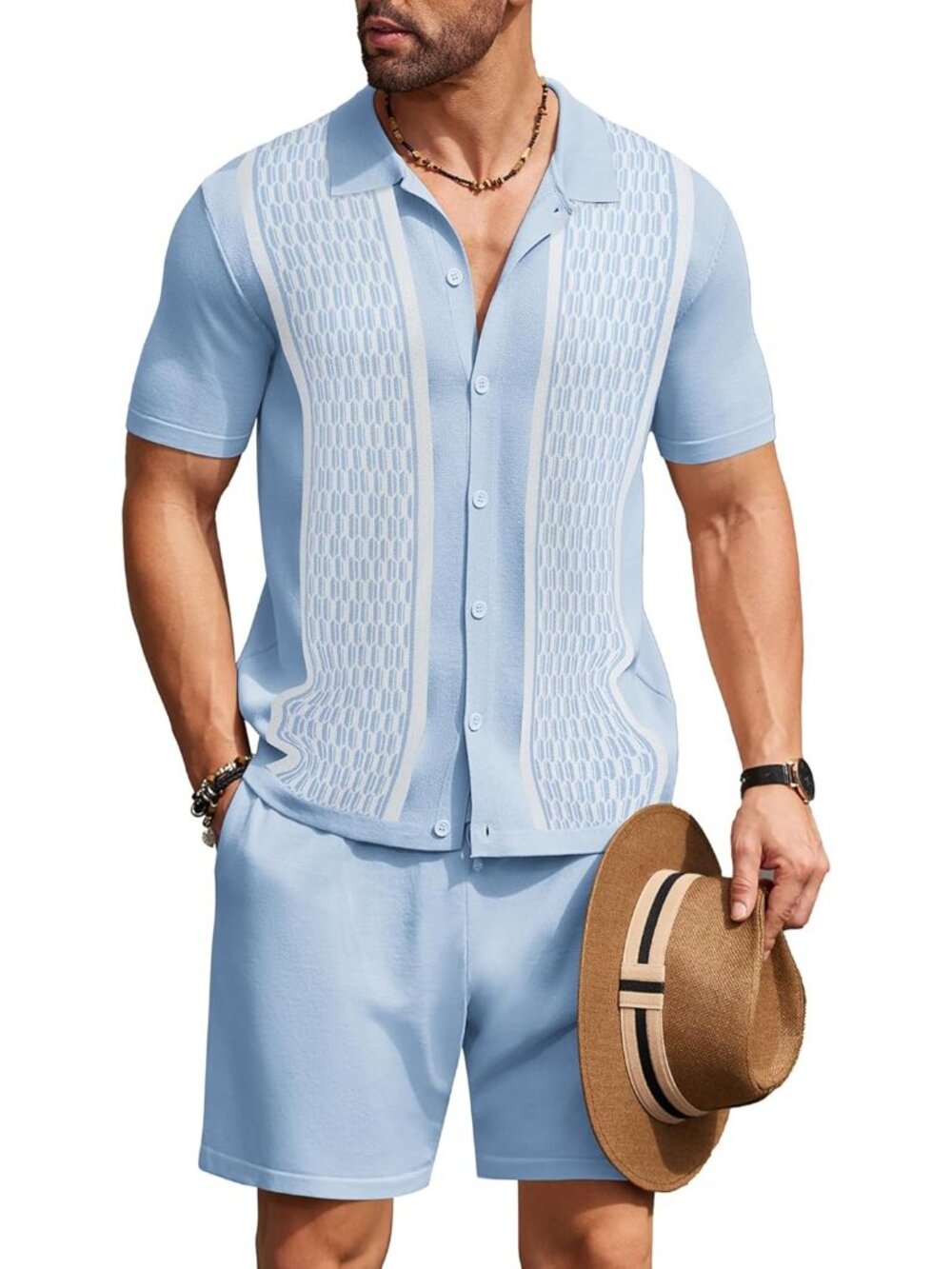 Coofandy Men's Blue Vintage Short Sleeve Button Down Knit Polo Shirts